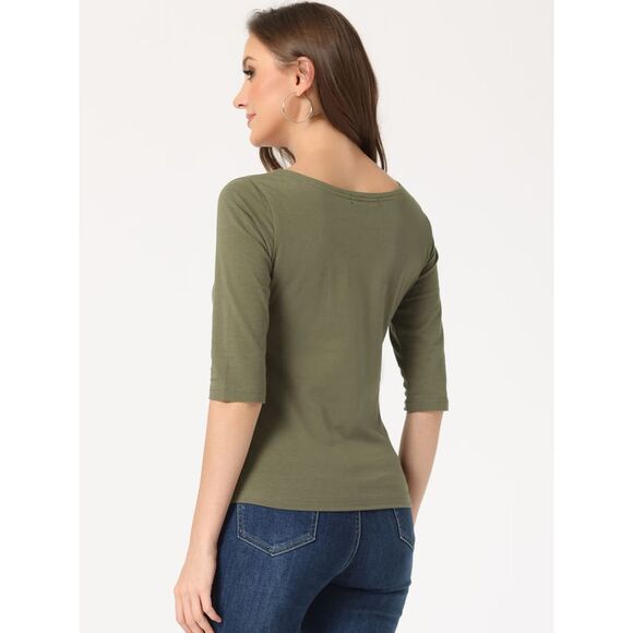 Elbow Sleeves Round Neck Slim Fit Tee Olive Green - Picture 4 of 5